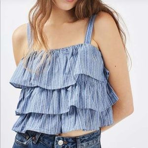 Topshop Blue chambray tiered ruffle sleeveless straps crop top